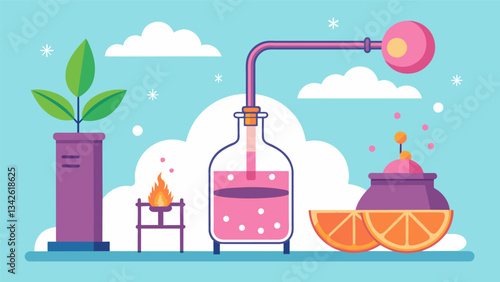 The air is filled with the sweet scent of gs as they undergo the distillation process transforming into a clear and potent liquid.. Vector illustration