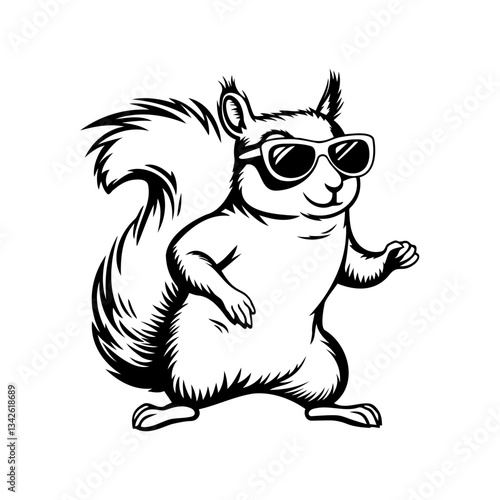 Cool Dancing Squirrel with Sunglasses. A stylish cartoon squirrel wearing sunglasses, raising its paws in a playful dance pose for logos, stickers, or T-shirt designs
