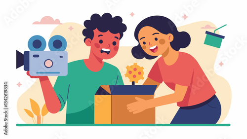 A couple excitedly unboxes their newly purchased film camera eager to relive their days of photography before the digital age.. Vector illustration