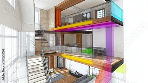 Interior view of a modern house with multiple floors rendered in a digital art style