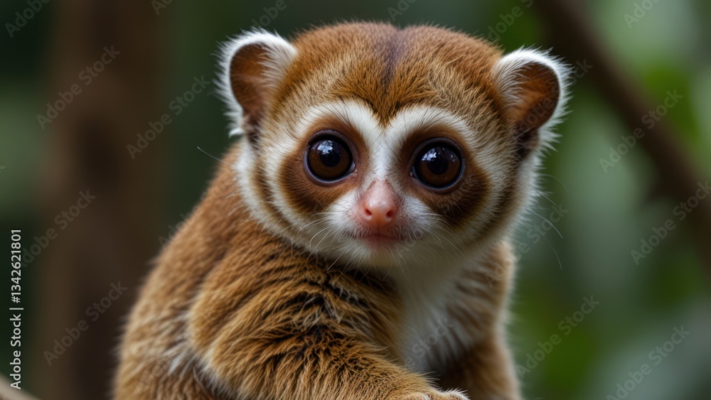 Adorable Small Primate Facing Forward. Close-up of a cute, fuzzy, brown and white animal with large eyes Adorable Small Primate Facing Forward. Close-up of a cute, fuzzy, brown and white animal with large eyes