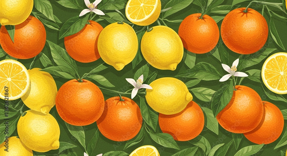 Oranges and Lemons Seamless Pattern with Leaves and Blossoms Background Oranges and Lemons Seamless Pattern with Leaves and Blossoms Background