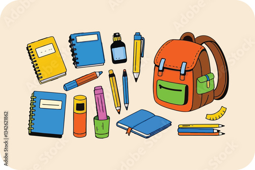 School stationery icon set with pens, notebooks, books, laptops, and other office symbols in a flat vector design