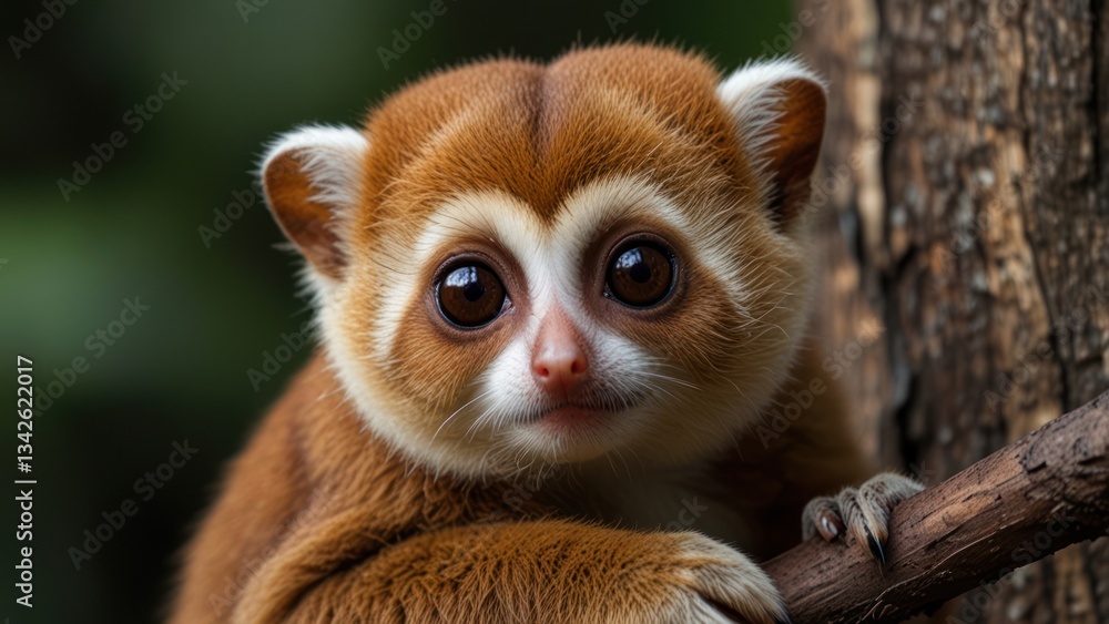 Close-up of a small, reddish-brown primate with large eyes, perched on a branch Close-up of a small, reddish-brown primate with large eyes, perched on a branch