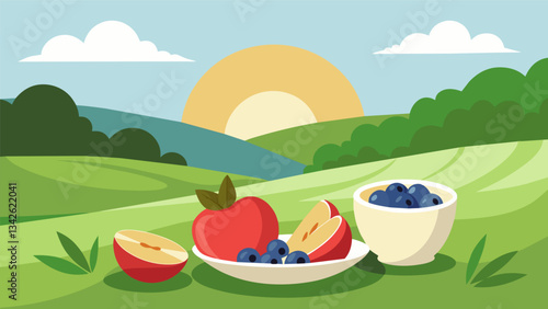 A sunlit meadow of fresh berries and sliced apples with a yogurt dip for dipping.. Vector illustration