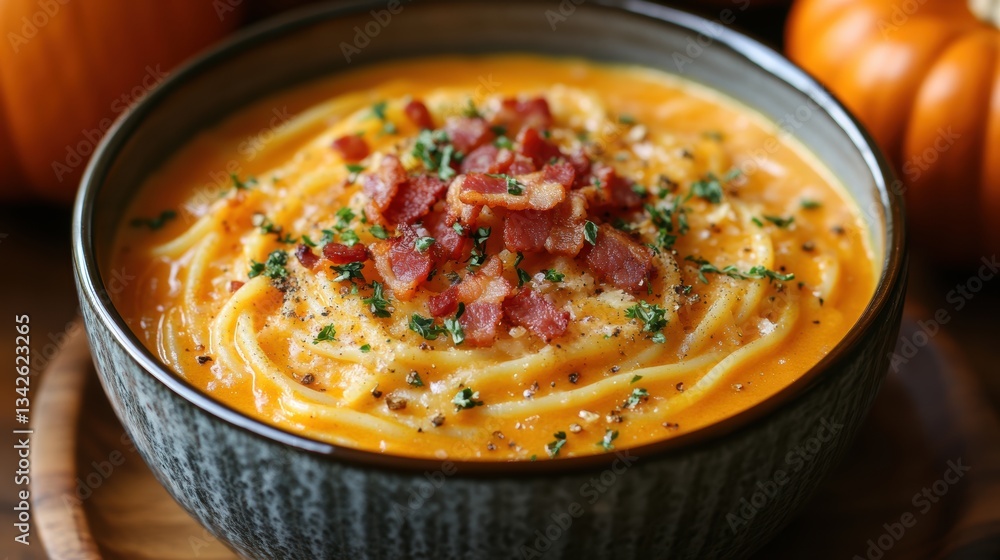 A vibrant symphony of flavors, where pumpkin is sweetness intertwined with the savory embrace of bacon, creating a creamy, dreamy spaghetti dish, a testament to the versatility of these autumnal A vibrant symphony of flavors, where pumpkin is sweetness intertwined with the savory embrace of bacon, creating a creamy, dreamy spaghetti dish, a testament to the versatility of these autumnal