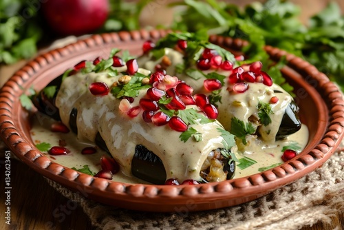 Authentic Mexican chiles en nogada with stuffed peppers and walnut sauce
