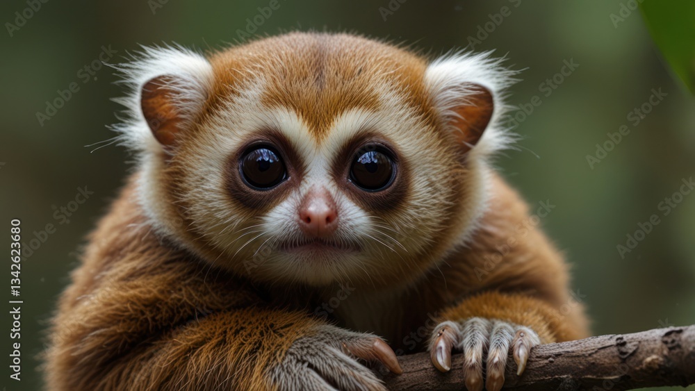 Close-up of a small, fluffy primate. A young, adorable lemur-like creature with large eyes and soft fur, perched on a branch in its natural habitat Close-up of a small, fluffy primate. A young, adorable lemur-like creature with large eyes and soft fur, perched on a branch in its natural habitat