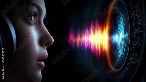 Futuristic AI Voice Graph  Woman with Headphones  Sound Waves  Cyberpunk HUD
