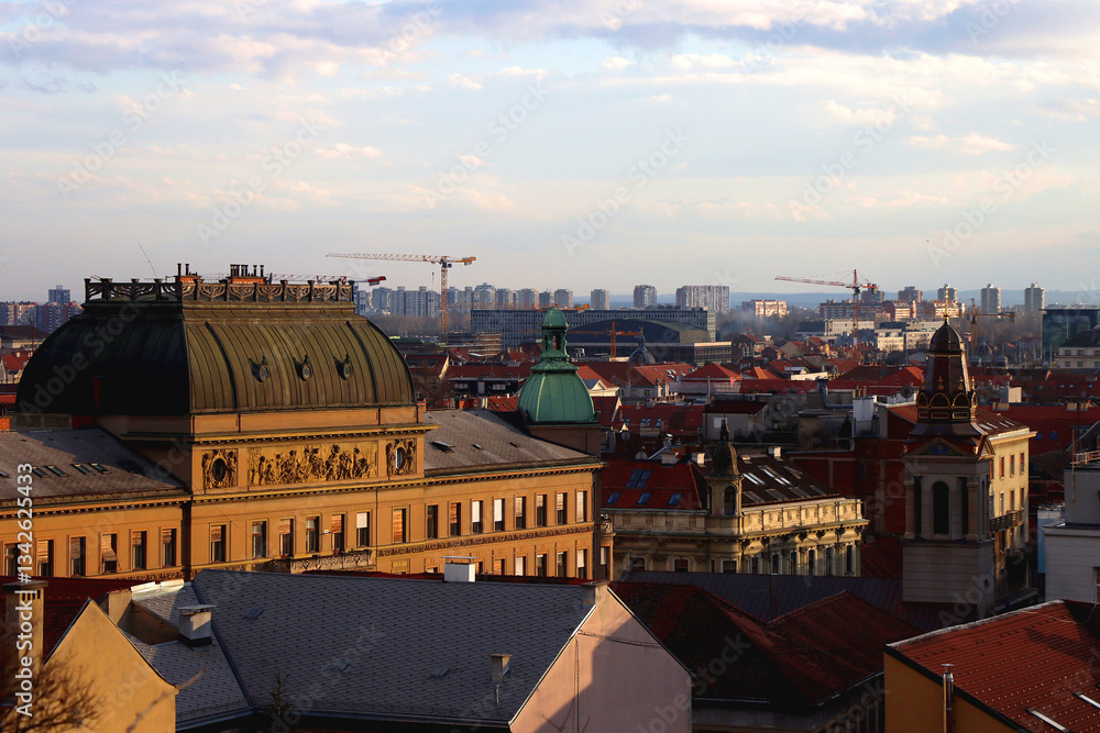 Various historic and contemporary buildings in downtown Zagreb, Croatia.