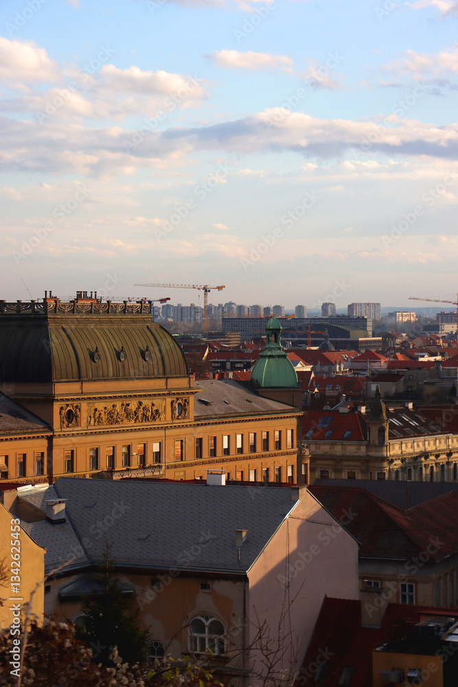 Various historic and contemporary buildings in downtown Zagreb, Croatia.