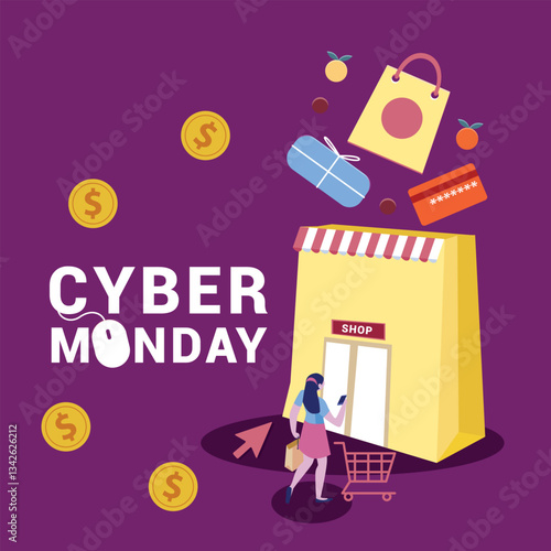 Illustration of a woman shopping on cyber monday