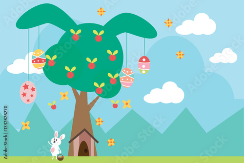 Illustration of easter eggs hanging on a bunny tree