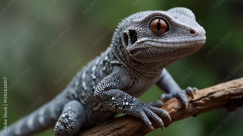 Obraz premium Close-up of a small gray lizard on a branch