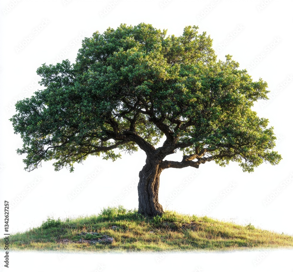 Majestic solitary green tree standing tall on a gentle hill surrounded by natural beauty with bright sunlight illuminating its lush foliage Majestic solitary green tree standing tall on a gentle hill surrounded by natural beauty with bright sunlight illuminating its lush foliage