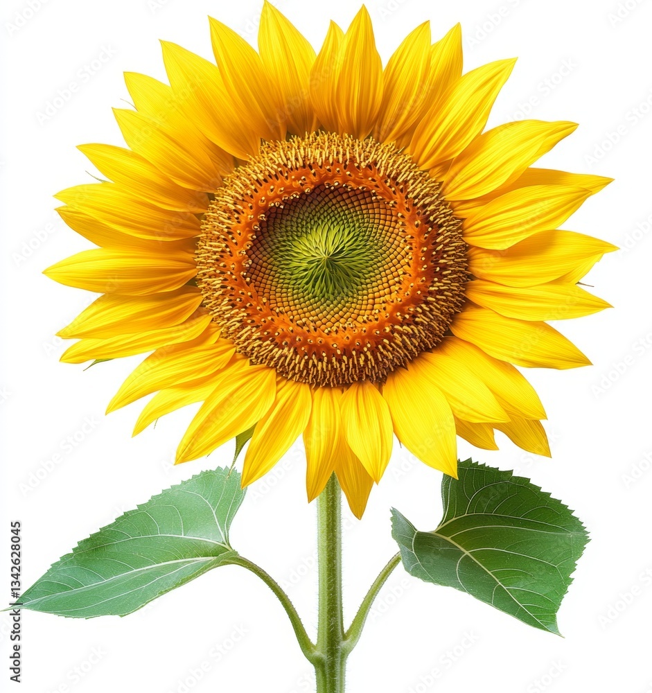 Close-Up of Vibrant Sunflower with Bright Yellow Petals and Lush Green Leaves against a White Background Close-Up of Vibrant Sunflower with Bright Yellow Petals and Lush Green Leaves against a White Background