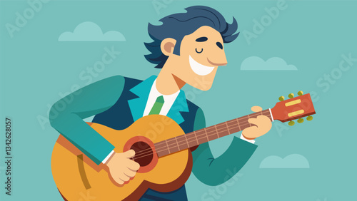 A grizzled guitarist grins as he plucks at the strings effortlessly showing off the skills that have earned him a place in music history.. Vector illustration