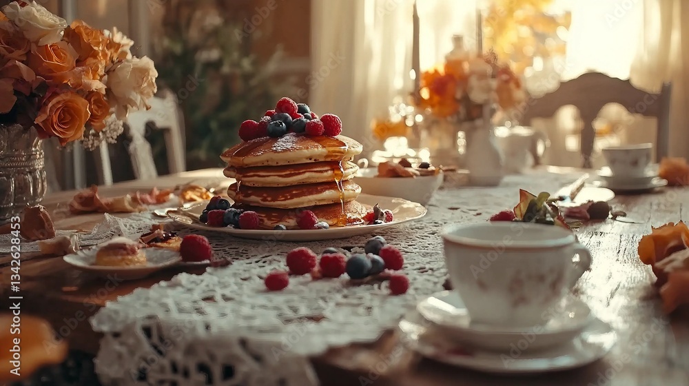 Fluffy Pancake Stack with Fresh Berries and Maple Syrup for a Lavish Brunch (AI Image) Fluffy Pancake Stack with Fresh Berries and Maple Syrup for a Lavish Brunch (AI Image)