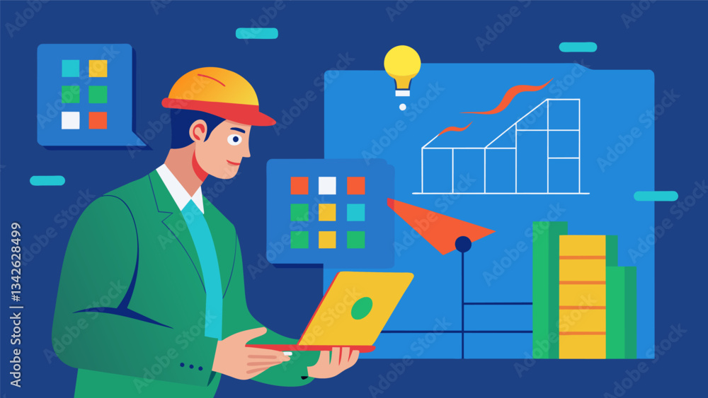 An architect reviewing a heat map generated from data simulations to optimize the placement of HVAC systems for maximum energy efficiency.. Vector illustration An architect reviewing a heat map generated from data simulations to optimize the placement of HVAC systems for maximum energy efficiency.. Vector illustration
