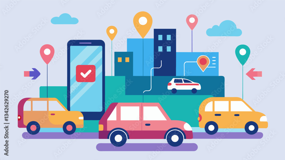 An appbased ridesharing service analyzing traffic patterns to optimize pickup and dropoff locations.. Vector illustration An appbased ridesharing service analyzing traffic patterns to optimize pickup and dropoff locations.. Vector illustration