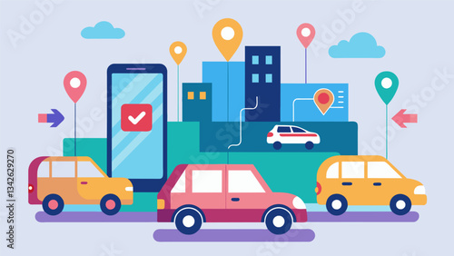 An appbased ridesharing service analyzing traffic patterns to optimize pickup and dropoff locations.. Vector illustration