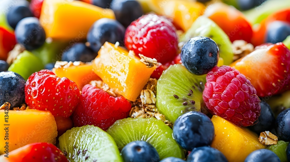 A close-up colorful acai bowl topped with fresh fruit and granola.
A close-up colorful acai bowl topped with fresh fruit and granola.