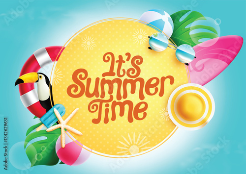 Summer time vector template design. It's summer time text in yellow circle space with 3d tropical season elements for vacation holiday messages. Vector illustration.
