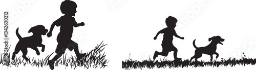 Silhouette of a child and dog running together, pure happiness and freedom vector silhouette