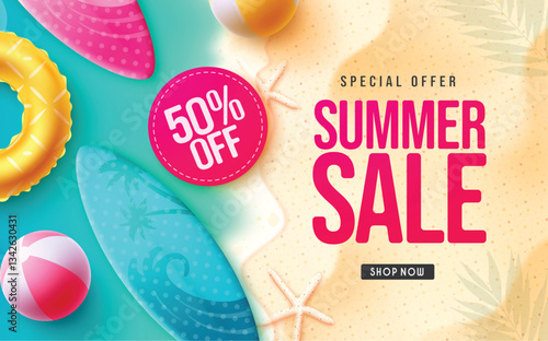 Summer sale vector banner design. Summer sale special offer text in beach background with up to 50% off discount for seasonal shopping promotion ads. Vector illustration.
