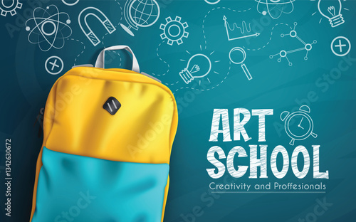 School art vector concept design. Art school text in chalk board background with creative line drawing and backpack item for professional and creativity learning. Vector illustration.
