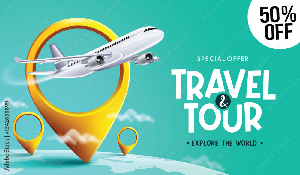 Travel promo vector design. Travel tour text with special offer discount with airplane and location pin elements for flight travelling price sale promotion. Vector illustration.