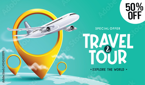 Obraz na płótnie Travel promo vector design. Travel tour text with special offer discount with airplane and location pin elements for flight travelling price sale promotion. Vector illustration.
w salonie