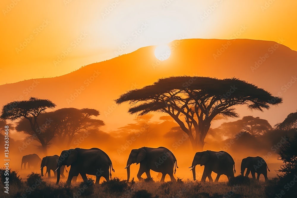 Fototapeta premium Elephants travel through golden savanna at sunset under mountains with silhouettes