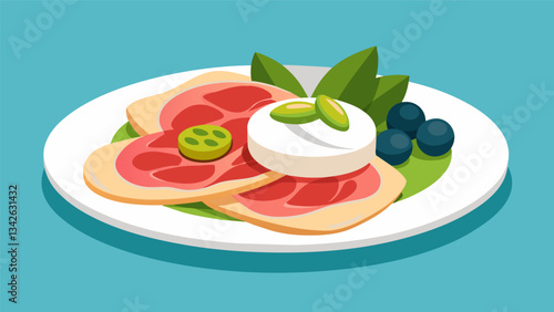 A symphony of flavors as salty prosciutto creamy mozzarella and tangy olives come together on one magnificent platter.. Vector illustration