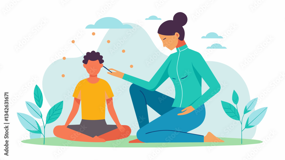 Obraz premium A person comfortably seated while the trained hands of an acupuncture practitioner place needles along specific meridian points as part of a wellnessfocused treatment.. Vector illustration