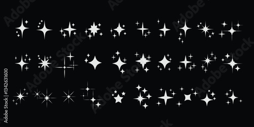 Set of blinking stars, sparks and sparkles. Shining twinkle sunburst shapes collection. Magic light flare pack for design template, poster, banner, brochure, leaflet. Vector glint glitter illustration