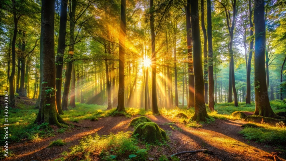Fototapeta premium Sunbeams Through Forest Canopy