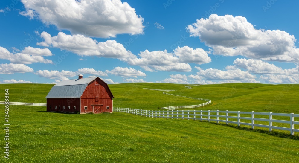 Obraz premium Red Barn in a Lush Green Field with White Fence under a Blue Sky