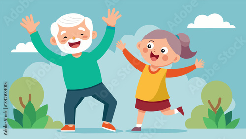 A grandparent and grandchild duo surprising passersby with their energetic participation in a senior citizen flash mob.. Vector illustration