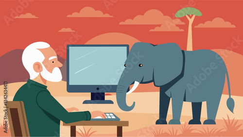 A greyhaired but passionate senior conservator carefully monitors the movements of a tagged African elephant on his computer screen ensuring its safety in the vast savannah.. Vector illustration