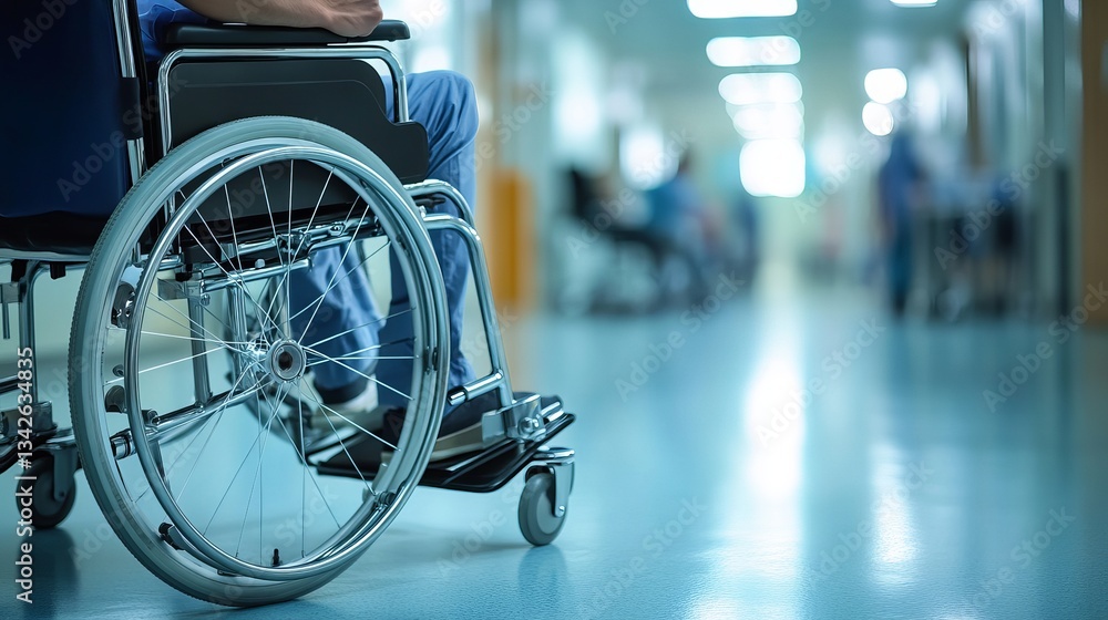 A wheelchair user inside a hospital, holding the wheel as part of mobility support and healthcare assistance A wheelchair user inside a hospital, holding the wheel as part of mobility support and healthcare assistance
