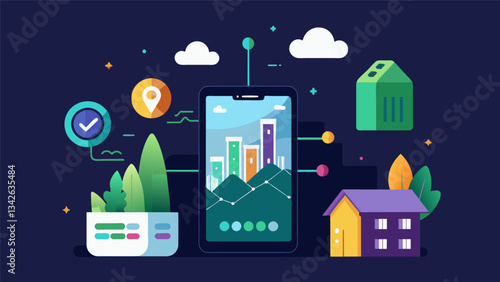 An augmented reality feature on a mobile app that overlays energy usage data onto a physical space allowing users to see the impact of different appliances on their overall. Vector illustration
