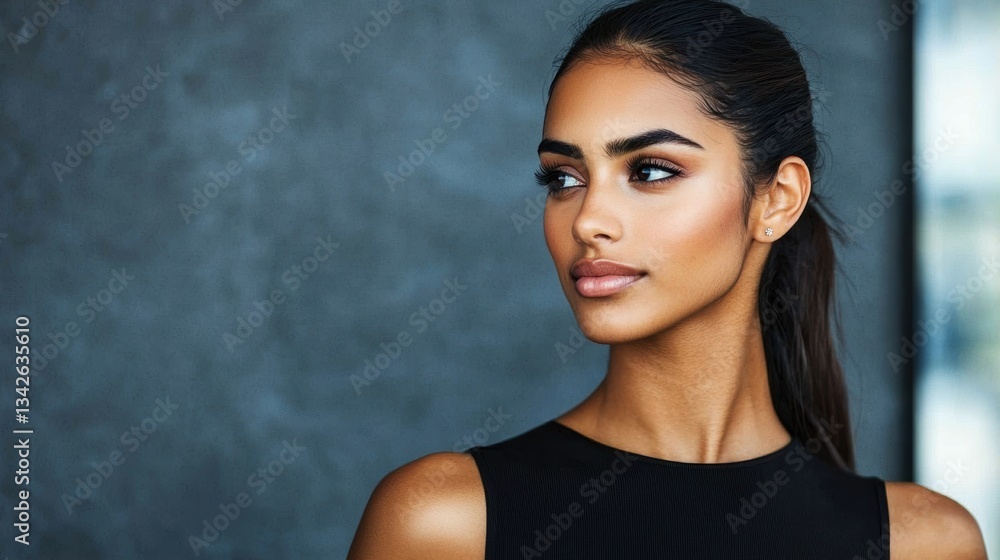 Elegant woman with long hair in modern urban setting, profile view Elegant woman with long hair in modern urban setting, profile view