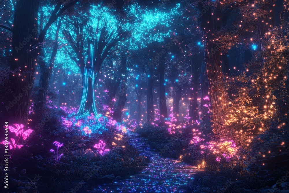 A magical forest illuminated with vibrant and luminous lights at night A magical forest illuminated with vibrant and luminous lights at night