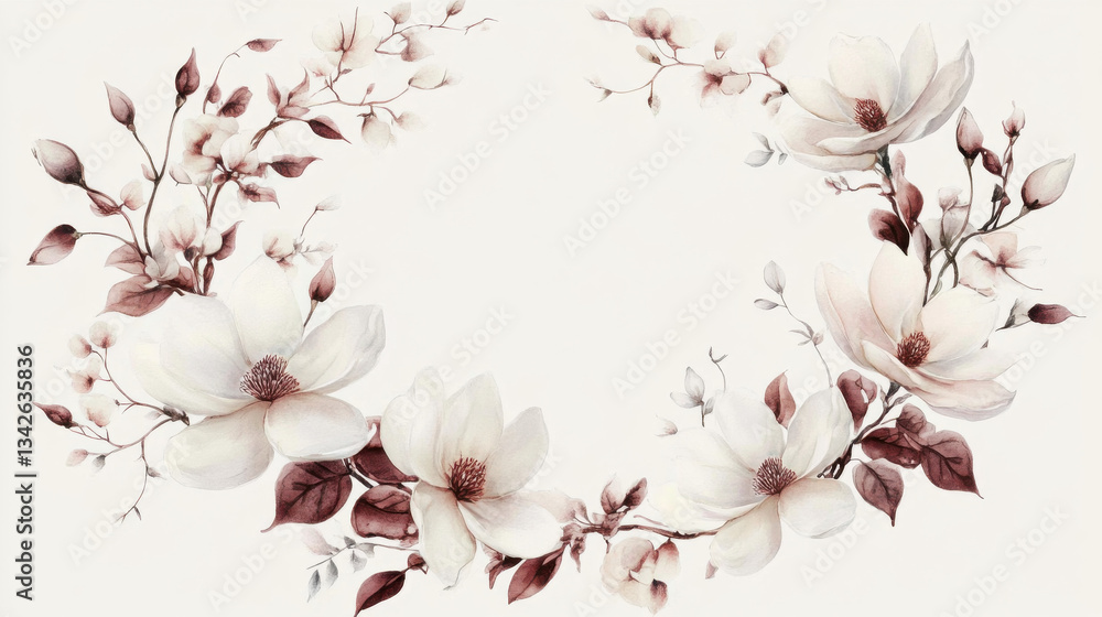 Naklejka premium A beautifully arranged botanical wreath in watercolor, showcasing antique white magnolias, dusty rose blossoms