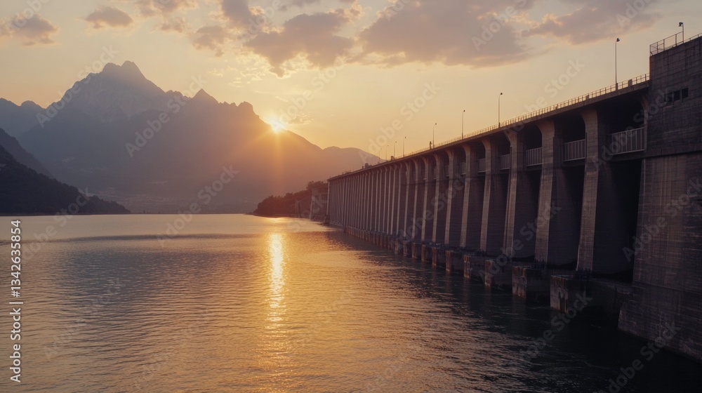 Fototapeta premium Majestic Sunset Over Serene Dam with Reflections on Water Surface
