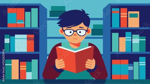 A high school student hides in the library during lunch finding solace in a book of poems that speak to their teenage angst and struggles.. Vector illustration