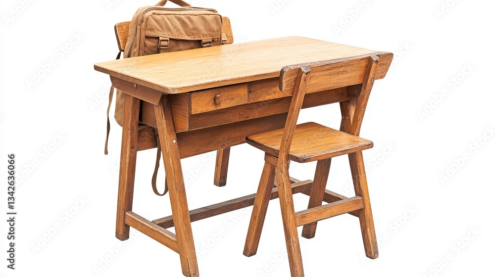 A wooden school desk with an attached chair and backpack, isolated on a white background A wooden school desk with an attached chair and backpack, isolated on a white background