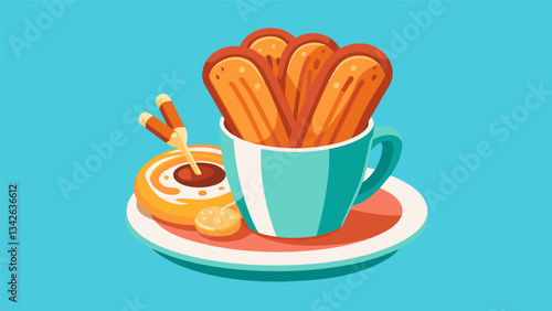 Take a break from the savory and indulge in a decadent dessert with the iconic churros of Spain a sweet fried pastry dusted with cinnamon and sugar.. Vector illustration