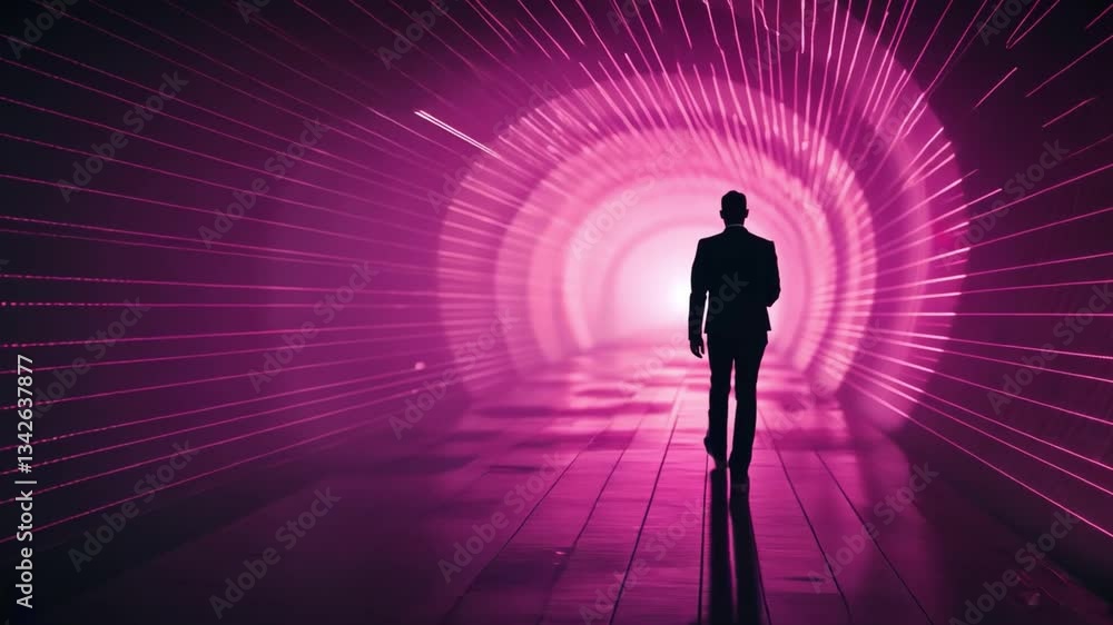 Silhouette of Person Walking Through Vibrant, Futuristic Tunnel with Pink and Purple Lights Creating Mysterious and Intriguing Atmosphere of Neon Lit Mystery and Captivating Vibes Silhouette of Person Walking Through Vibrant, Futuristic Tunnel with Pink and Purple Lights Creating Mysterious and Intriguing Atmosphere of Neon Lit Mystery and Captivating Vibes